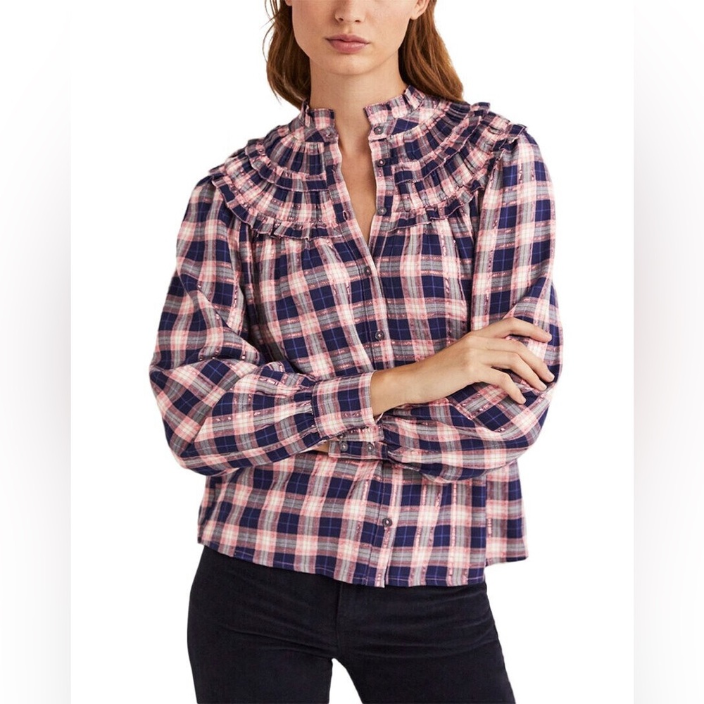 Boden Plaid Rose Gold Ruffle Shirt Plaid Ruffle Collar Women's Top